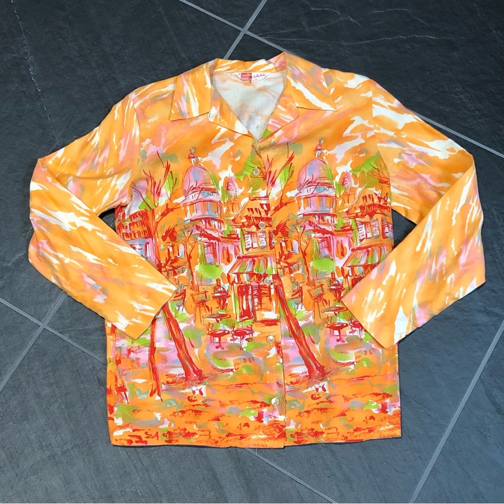 Fabulous Vintage Blouse Orange Scenic Design Size M/34